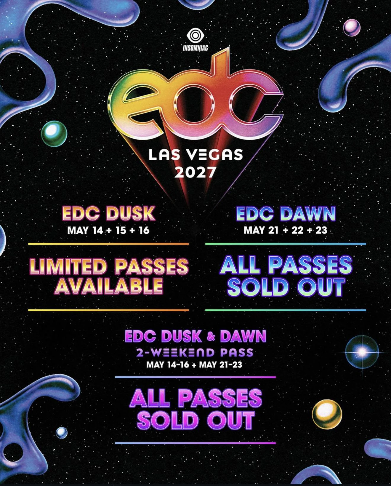 EDC Las Vegas 2027 promotional artwork: EDC Dusk May 14–16 and EDC Dawn May 21–23